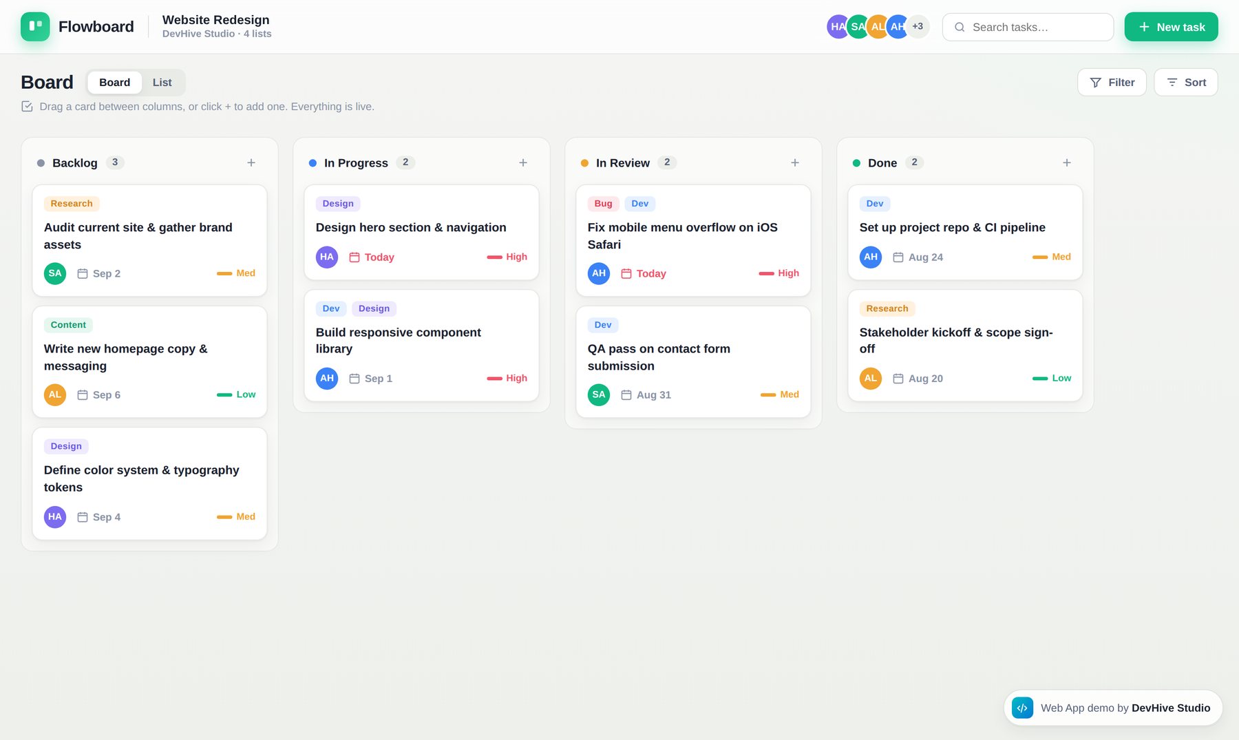 Flowboard kanban project management web app by DevHive Studio