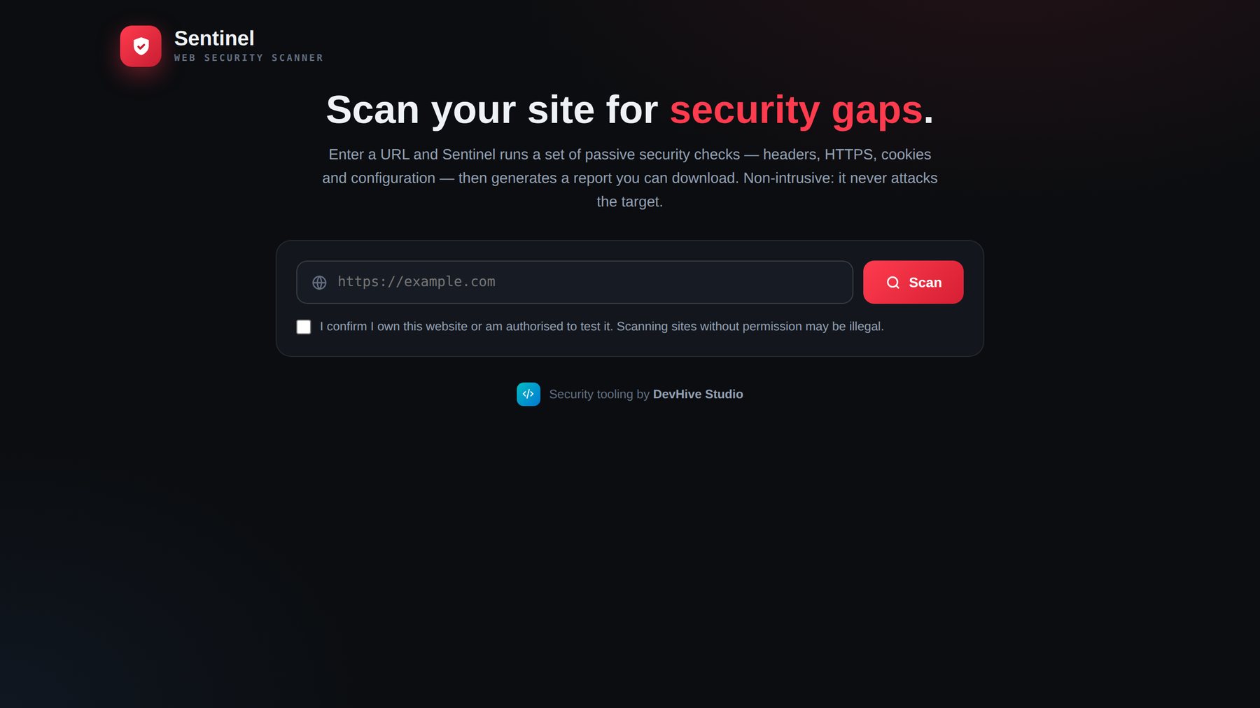 Sentinel security scan results report by DevHive Studio